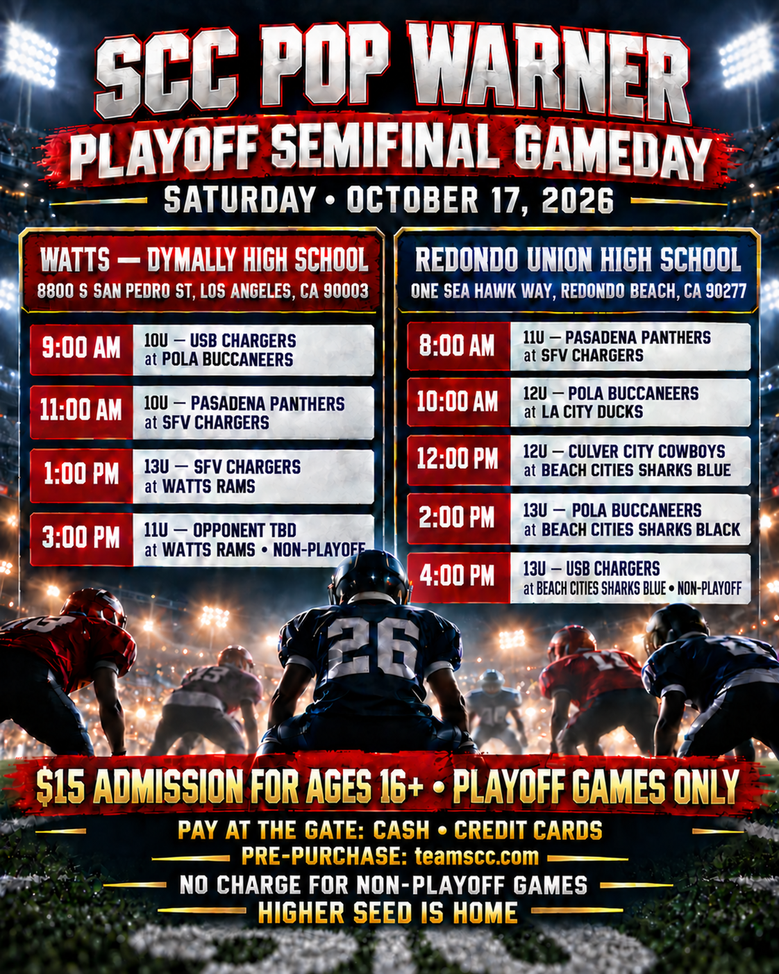 SCC Pop Warner Playoff Semifinal Gameday flyer for October 17, 2026