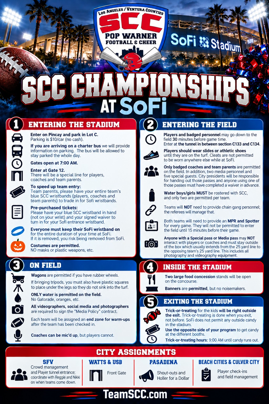 SCC Championships at SoFi: important stadium entry, field access, on-field rules, inside the stadium, exiting the stadium, and city assignments. Select the image to read the full-size instructions.
